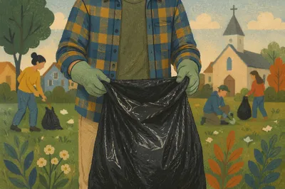 Church Neighborhood Cleanup Volunteer With Trash Bag