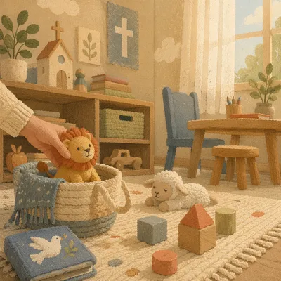 Peaceful Church Nursery Toys in Soft Light