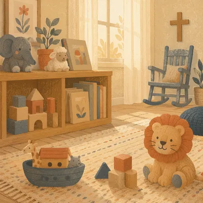 Peaceful Church Nursery Toys in Morning Light