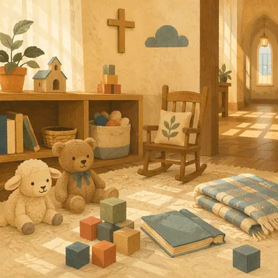 Peaceful Church Nursery Toys in Morning Light