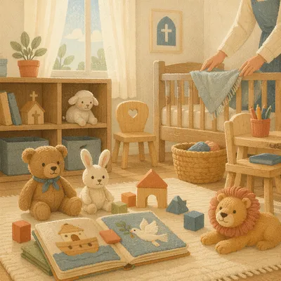 Peaceful Church Nursery Toys in Soft Light