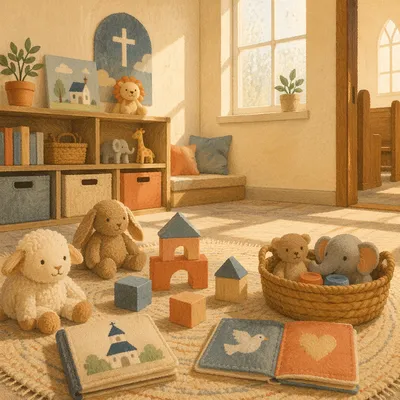 Peaceful Church Nursery Toys in Soft Light