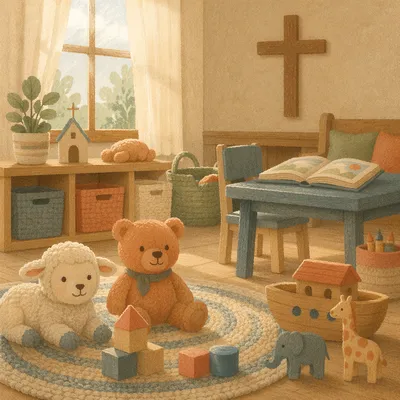 Peaceful Church Nursery Toys in Soft Light