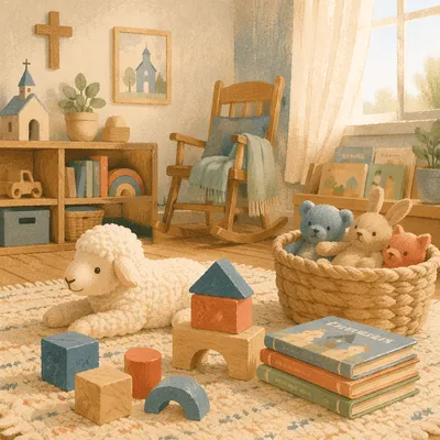 Peaceful Church Nursery Toys in Soft Light