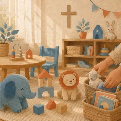 Peaceful Church Nursery Toys in Soft Light