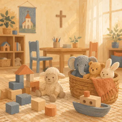 Peaceful Church Nursery Toys in Soft Morning Light