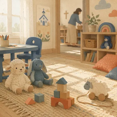 Peaceful Church Nursery Toys in Morning Light