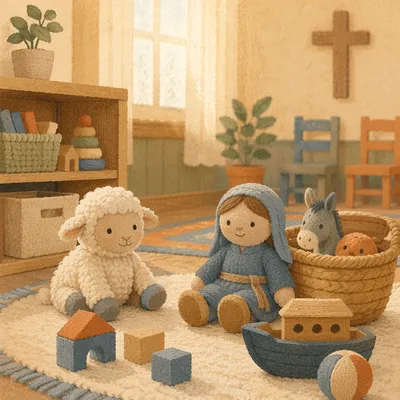Peaceful Church Nursery Toys in Soft Light