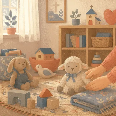 Peaceful Church Nursery Toys in Morning Light