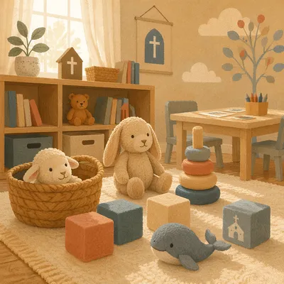 Peaceful Church Nursery Toys in Soft Light