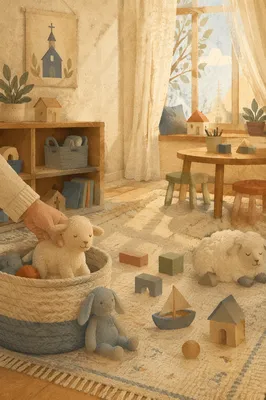 Peaceful Church Nursery Toys in Soft Light