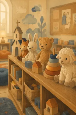 Warm Church Nursery Toys in Soft Light