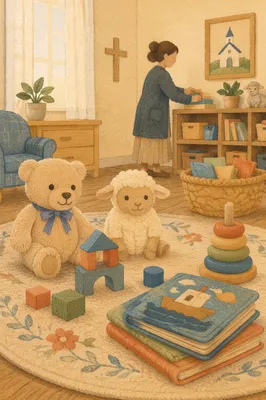 Peaceful Church Nursery Toys in Soft Light