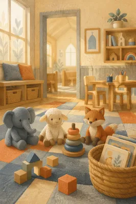 Peaceful Church Nursery with Toys and Morning Light