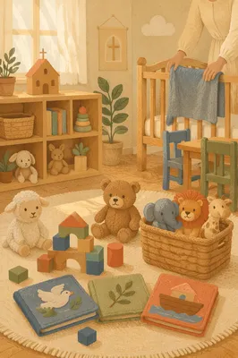 Peaceful Church Nursery Toys in Soft Light