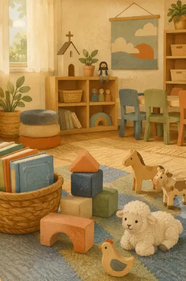 Quiet Church Nursery Toys in Soft Light