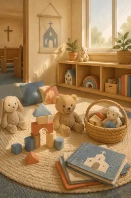 Peaceful Church Nursery Toys in Soft Light