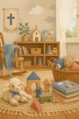 Peaceful Church Nursery Toys in Soft Light