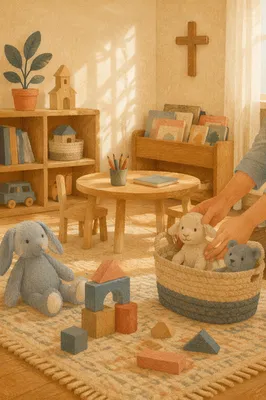 Peaceful Church Nursery Toys in Warm Light