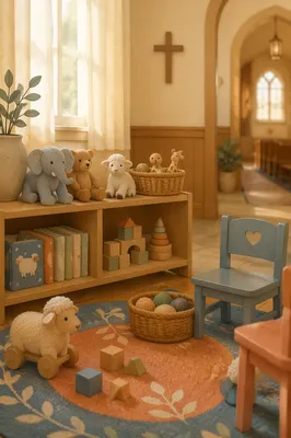 Peaceful Church Nursery Toys in Soft Morning Light