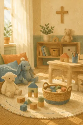 Peaceful Church Nursery Toys in Soft Light