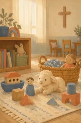 Peaceful Church Nursery Toys in Soft Light