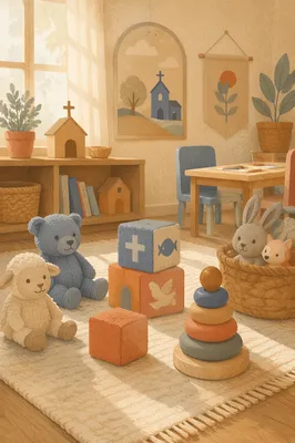 Peaceful Church Nursery Toys in Warm Light