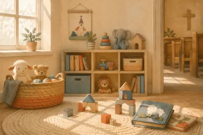 Peaceful Church Nursery Toys in Soft Light