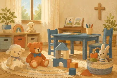Peaceful Church Nursery Toys in Soft Light