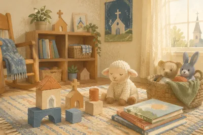 Peaceful Church Nursery Toys in Soft Light