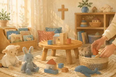 Peaceful Church Nursery Toys in Soft Light