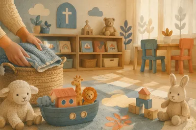 Peaceful Church Nursery Toys in Soft Morning Light