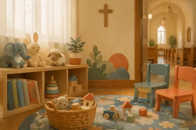 Peaceful Church Nursery Toys in Soft Light