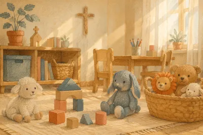 Peaceful Church Nursery Toys in Soft Light