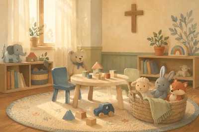 Peaceful Church Nursery Toys in Soft Light