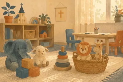 Peaceful Church Nursery Toys in Soft Light
