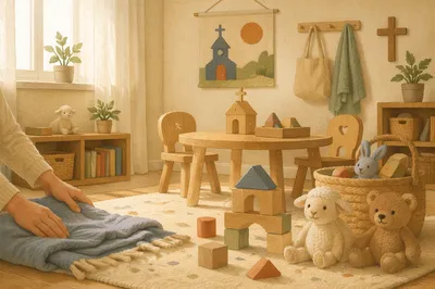 Peaceful Church Nursery Toys in Warm Light