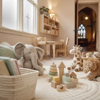 Calm Church Nursery Toys in Morning Light