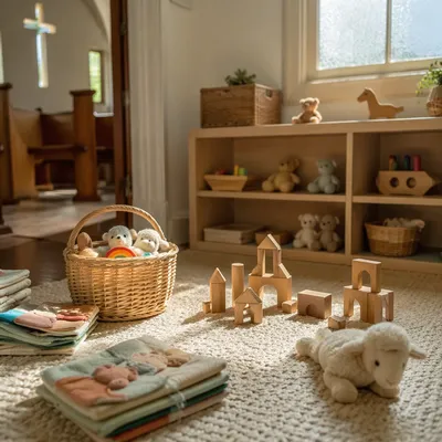 Peaceful Church Nursery Toys in Soft Light