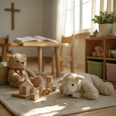 Sunlit Church Nursery with Plush Toys