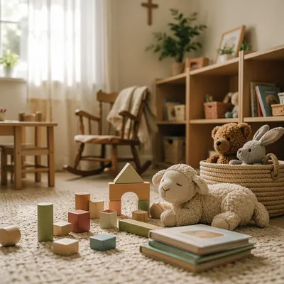 Peaceful Church Nursery Toys in Soft Light