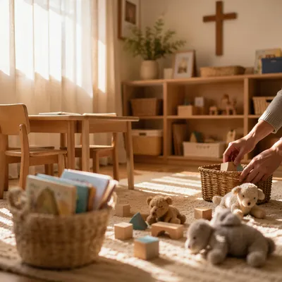 Peaceful Church Nursery Toys in Warm Light