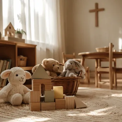 Peaceful Church Nursery Toys in Soft Light