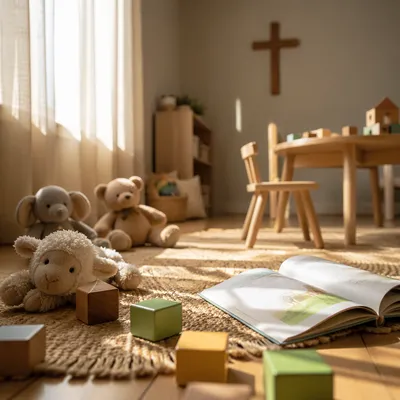 Peaceful Church Nursery Toys in Morning Light
