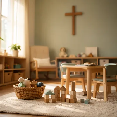 Peaceful Church Nursery Toys in Soft Light