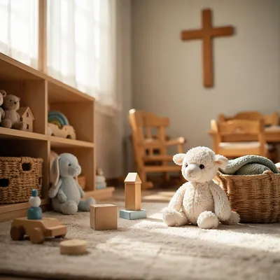 Peaceful Church Nursery Toys in Soft Light