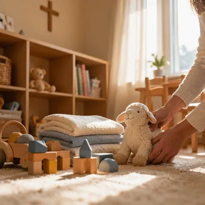 Peaceful Church Nursery Toys in Morning Light