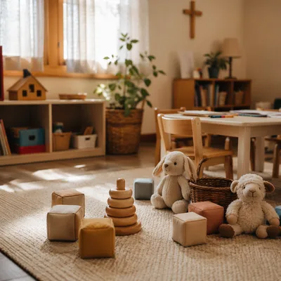 Peaceful Church Nursery Toys in Soft Light