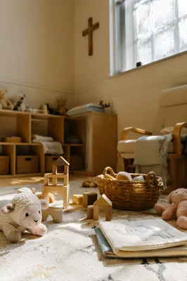 Peaceful Church Nursery Toys in Soft Light
