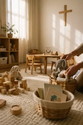 Peaceful Church Nursery Toys in Warm Light